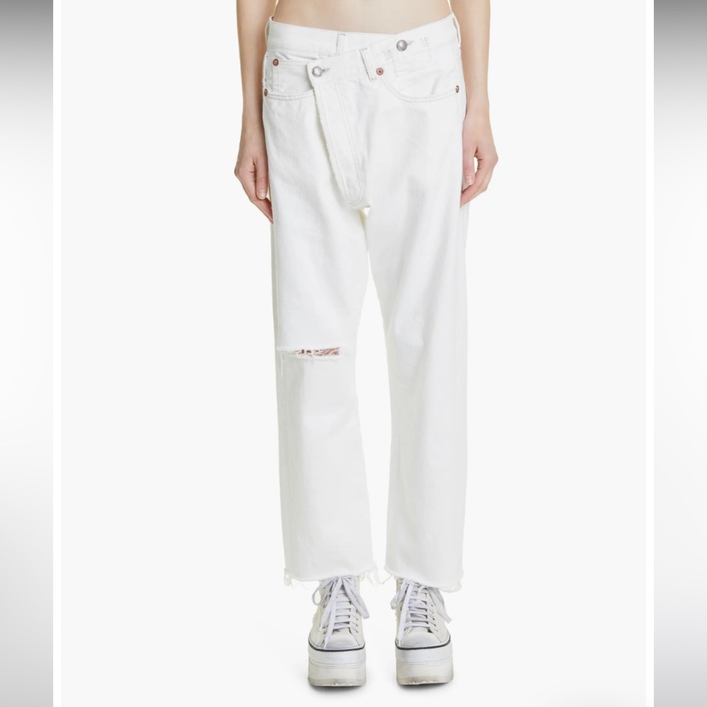 R13 Crossover Ripped Relaxed Straight Leg Jeans in Norma White Size 27 NWT